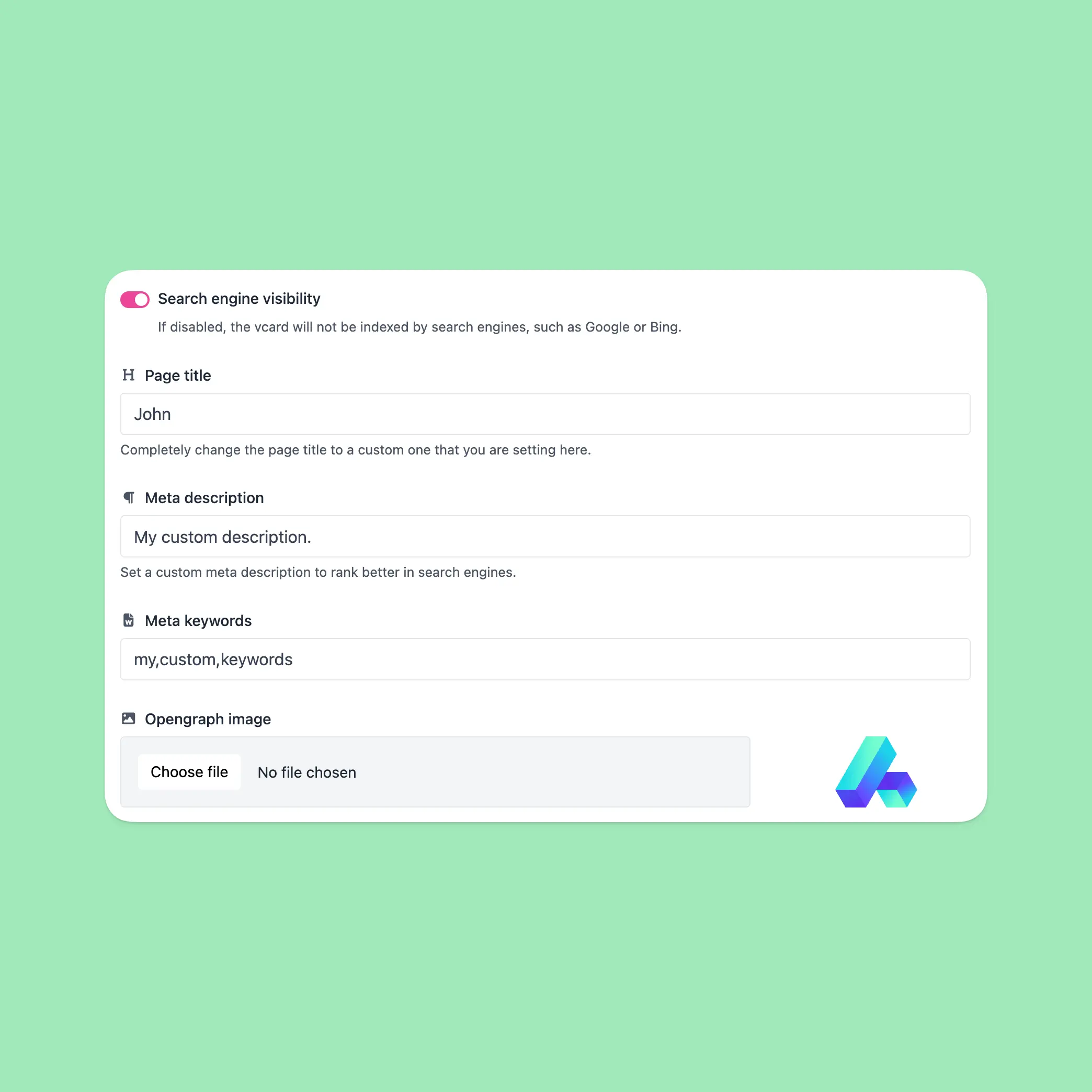 Captura de tela da página de configurações de SEO do aplicativo vcard